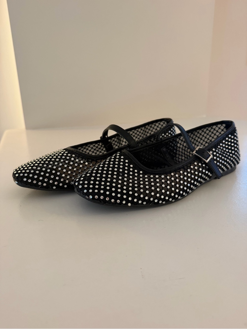 Black Rhinestone Mesh Mary Jane Flats with Strap